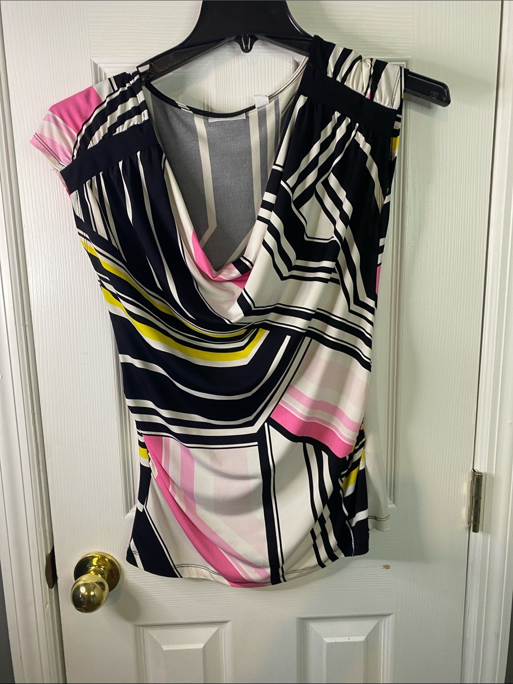 New York & Company Geometric Cowl Neck Camisole in Black, Pink & Yellow Small.